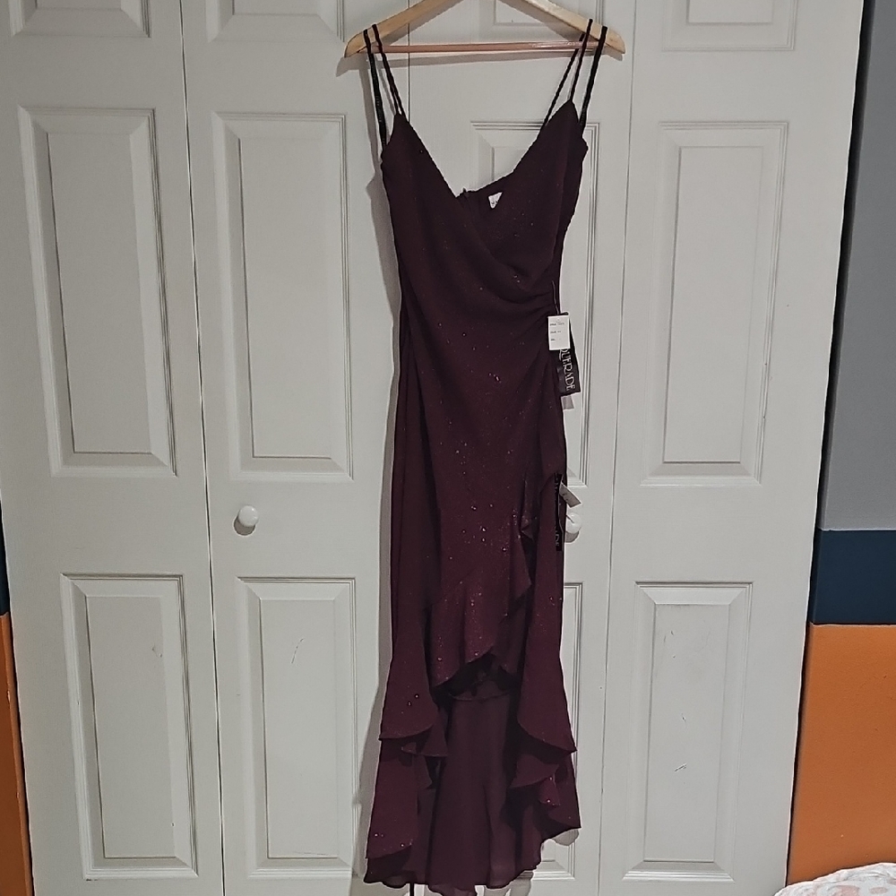 Masquerade Burgundy Glitter Ruffle Gown – Size 11 – NWT